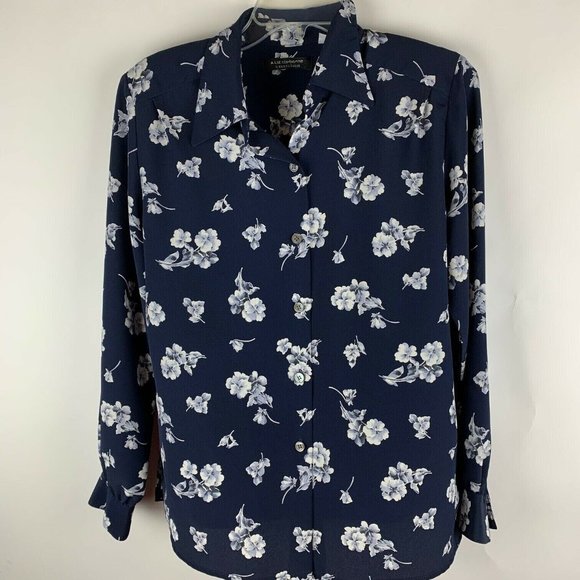 Liz Claiborne Womens Size 8 Long Sleeve Blouse Black Floral Button Front - Picture 1 of 4